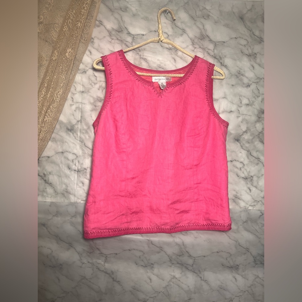 100% Linen Bright Pink Embroidered Trim Sleeveless Size 10 Summer Notch Neck Top